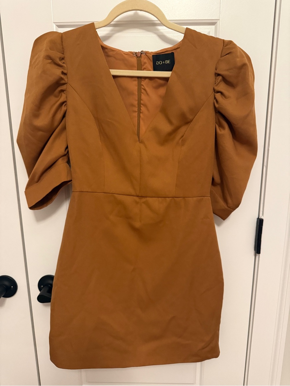 DO+BE Rust-Brown Puff Sleeve V-Neck Mini Dress